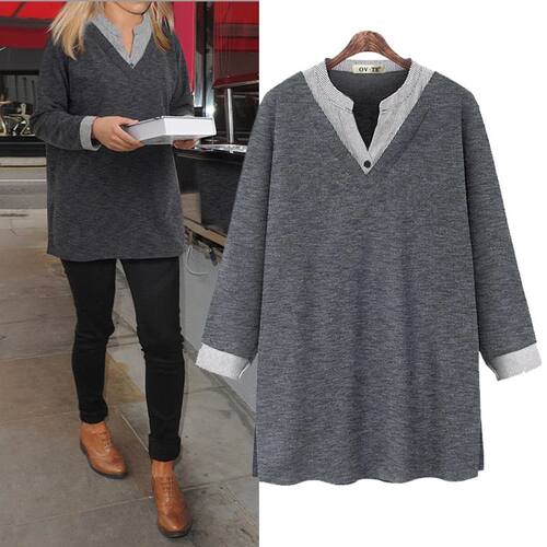 2024 Spring Women Blouse Contrast Color Fake Two Long Sleeve
