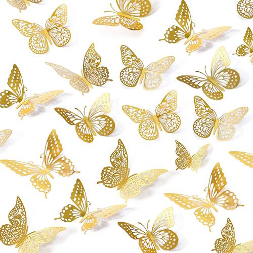 12Pcs 3D Hollow Butterfly Wall Stickers Gold Rose Gold Silve