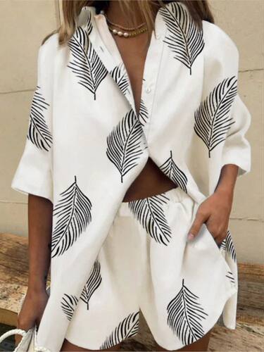 Two Piece Short Sets Women Summer Casual Print Short Sleeve
