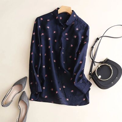 Elfbop 2024 Ladies Cotton Flower Printed Long Sleeve Blouse