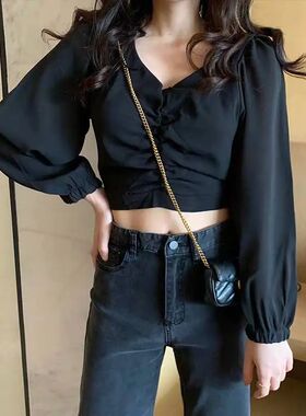 Puff sleeve Crop Top Women V neck Long sleeve Vintage Shirt