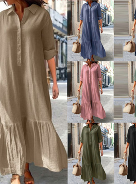 2025 tton Linen Long Irregular Dress Shirt llar Twist Buckle