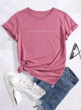 'freedom' Tee,Print Crew Neck T-shirt,Women's Casual Loose S
