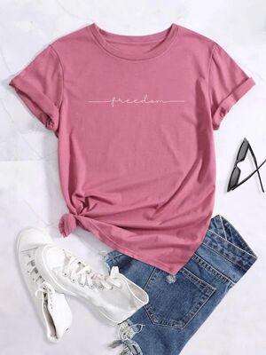 'freedom' Tee,Print Crew Neck T-shirt,Women's Casual Loose S