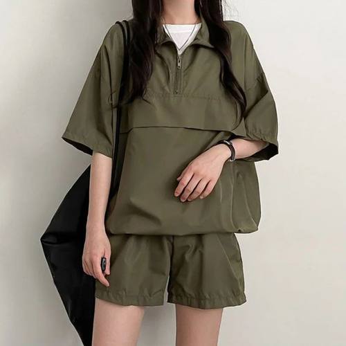 Women Two Pieces Sets Turtleneck Zipper T-shirts+Shorts 2024