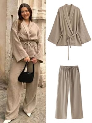 Vintage Lace Up Pants Sets Women Loose Lapel Long Sleeve Shi