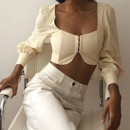 Elegant Office Ladies Puff Sleeve Short Shirts ops Women Lon