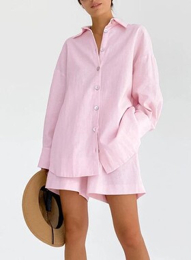 2024 Spring Cotton Linen Home Suit for Women Pink Wide Short