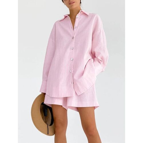 2024 Spring Cotton Linen Home Suit for Women Pink Wide Short