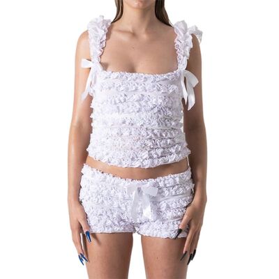 00s Retro Ruffles 2 Piece Set Bow Lace Trim Crop ops Vest +