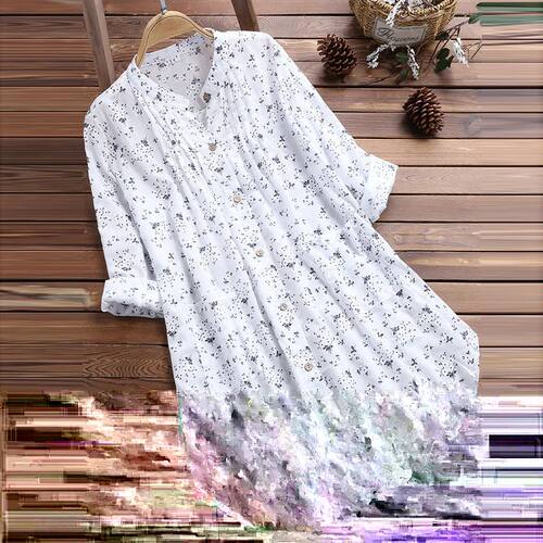Women Blouses V-Neck Pleated Floral Print Long Sleeve Casual