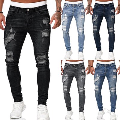 Men's Pants With Holes And White Grinding Slim Fit Denim Pan