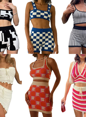 Chic Women 2 Piece Knitted Clothes Set Vintage Plaid Sleevel