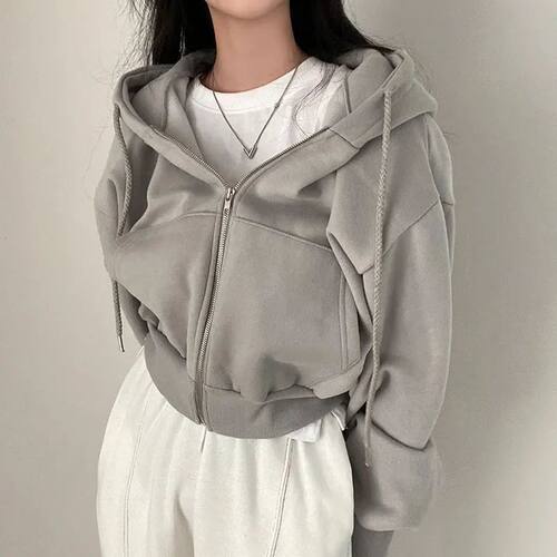2024 Women Hoodies Autumn Retro Solid Color Zip Up Oversized