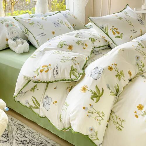 Pastoral Girls Flower Bedding Sets, Washed Cotton Bed Linens