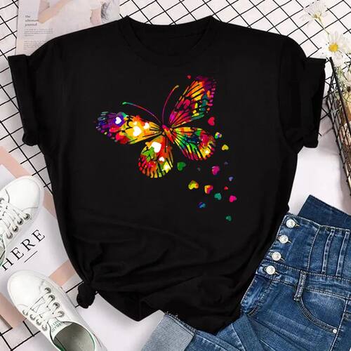 New Fashion Women T-shirt Colorful Butterfly Petal Print Sho