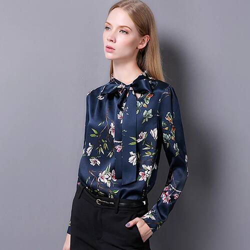 100% Silk Blouse Women Pullovers Shirt Printed Vintage Desig