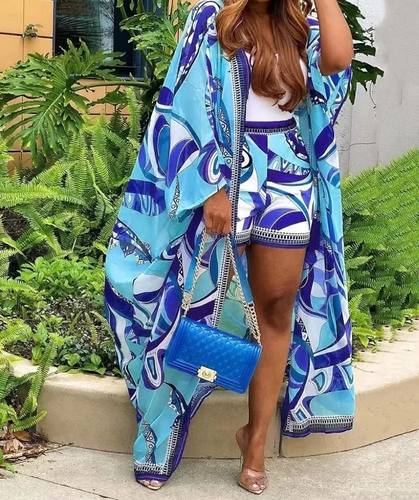 Abstract Print Batwing Sleeve Cardigan & Shorts Set Women Ma
