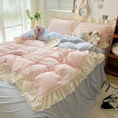 Ruffled Pink Blue Duvet ver Set Twin Queen Washed Microfiber