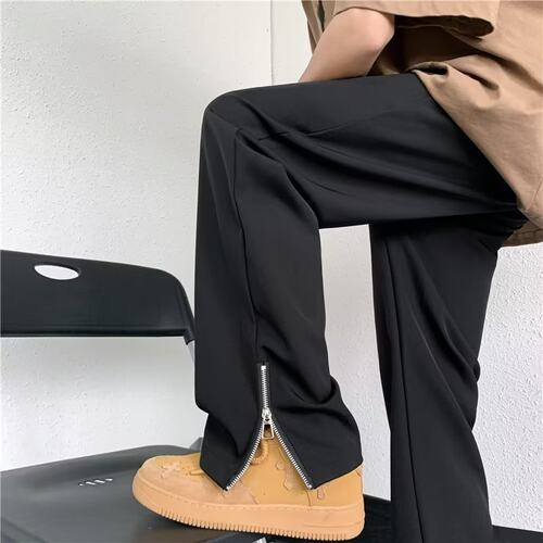 Black Micro-flared Side Zipper Trousers For Men, Ice Silk Dr