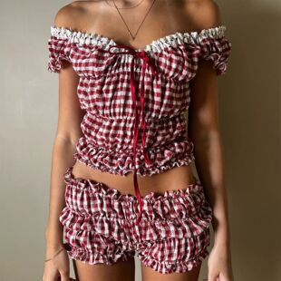 Women's Pleated Shorts Set Solid Color/Plaid Off Shoulder Ru