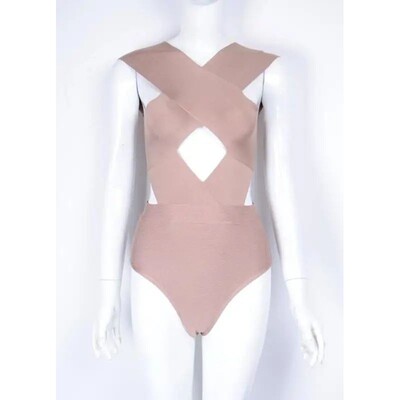 Celebrity Khaki Hollow Out Rayon Bandage Bodysuit Swimsuit S