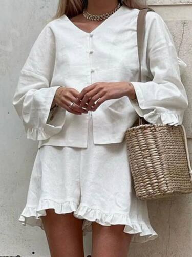 Solid Color Ruffle 2 Piece Sets For Women V-neck Long Sleeve