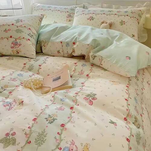 Romantic Cherry Heart Duvet ver Set Flat Sheet Pillowcases F