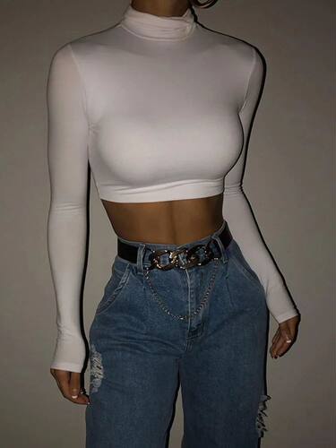 Basic Sheath Women Solid Turtleneck Tshirt Autumn Sretch Cas