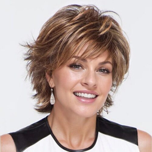 Lady's Short Curly Hair, Long Straight Hair, Mixed Brown And