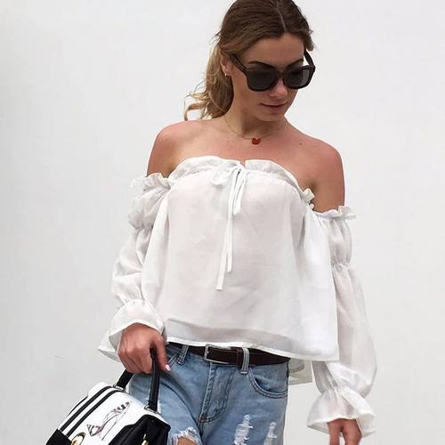 Sexy Slash Neck Off Shoulder White Blouse ops Women Pleated