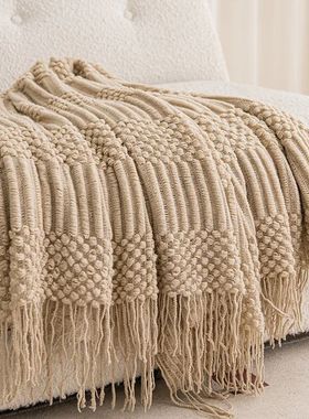 Khaki Gift Knitted Blanket with Tassels Chunky Vintage Luxur