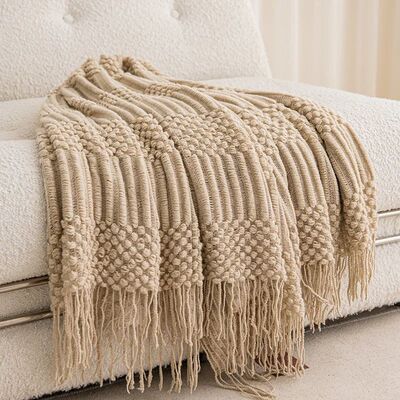 Khaki Gift Knitted Blanket with Tassels Chunky Vintage Luxur