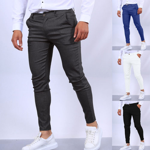 Men's Solid Color Texture Casual Small Foot Dress Pants Slim