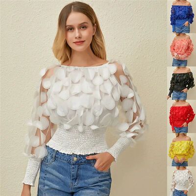Sexy Off Shoulder Womens ops And Blouses 2024 Mesh Sheer Puf