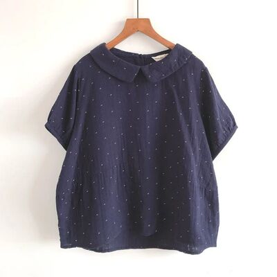 2024 New Summer Women Peter Pan Collar Shirt Fresh Print Dou