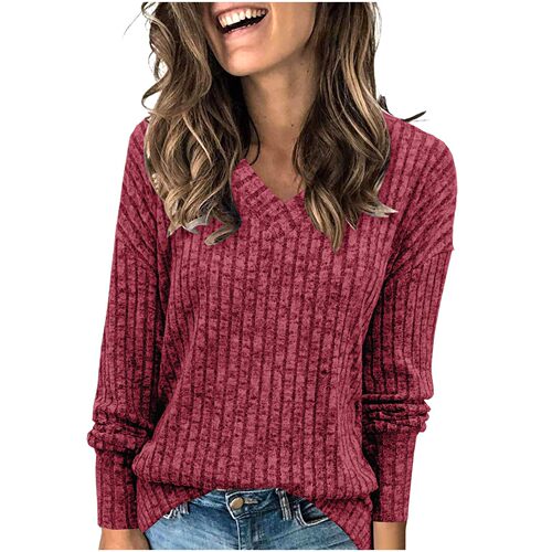 2026 Women’s V-neck Ribbed Brushed Knit T-shirt