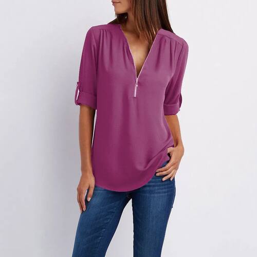 Fashion Solid Color Blouse Woman Zipper Neck Casual Purple W
