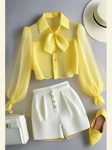 Neck Perspective White Yellow Cas Shirt Lapel Chiffon Top