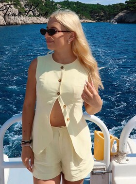Casual Waistcoat Shorts Sets Women Yellow Sleeveless Single