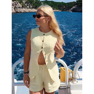 Casual Waistcoat Shorts Sets Women Yellow Sleeveless Single