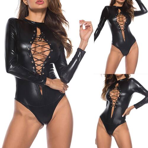 S-5XL Plus Size Women Leather Bodysuit Long Sleeve Lace-up C