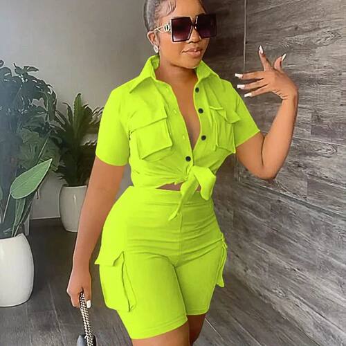 Sreetwear Two Piece Set for Women Summer Outfits Pockets Sho