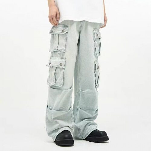 American Multi-pocket Jeans Men's Niche Retro Blue Wide Leg
