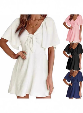 2025 Women's Shein V-neck Bow Lace Short Sleeve Mini Dress