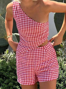 Thorn ree Women Plaid Print Casual 2 Pieces Outfits Sleevele