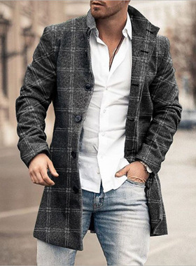 2024 Men's Woolen Stand Collar Mid-length Pocket Casual Coat