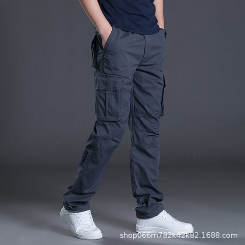 Multi-pocket Overalls Men's Loose Straight Casual Pants Pure