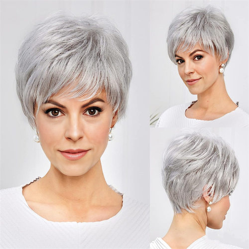 2025 Silver-white Micro-curly Short Straight Hair With Obliq