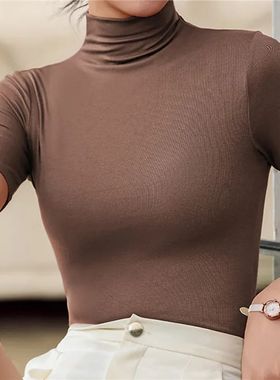 Basic Cotton T Shirt Women Turtleneck Slim Tshirt Short Slee